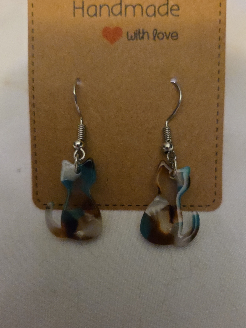 Handmade Cat Silhouette Dangle Earrings - Teal, Brown & Cream